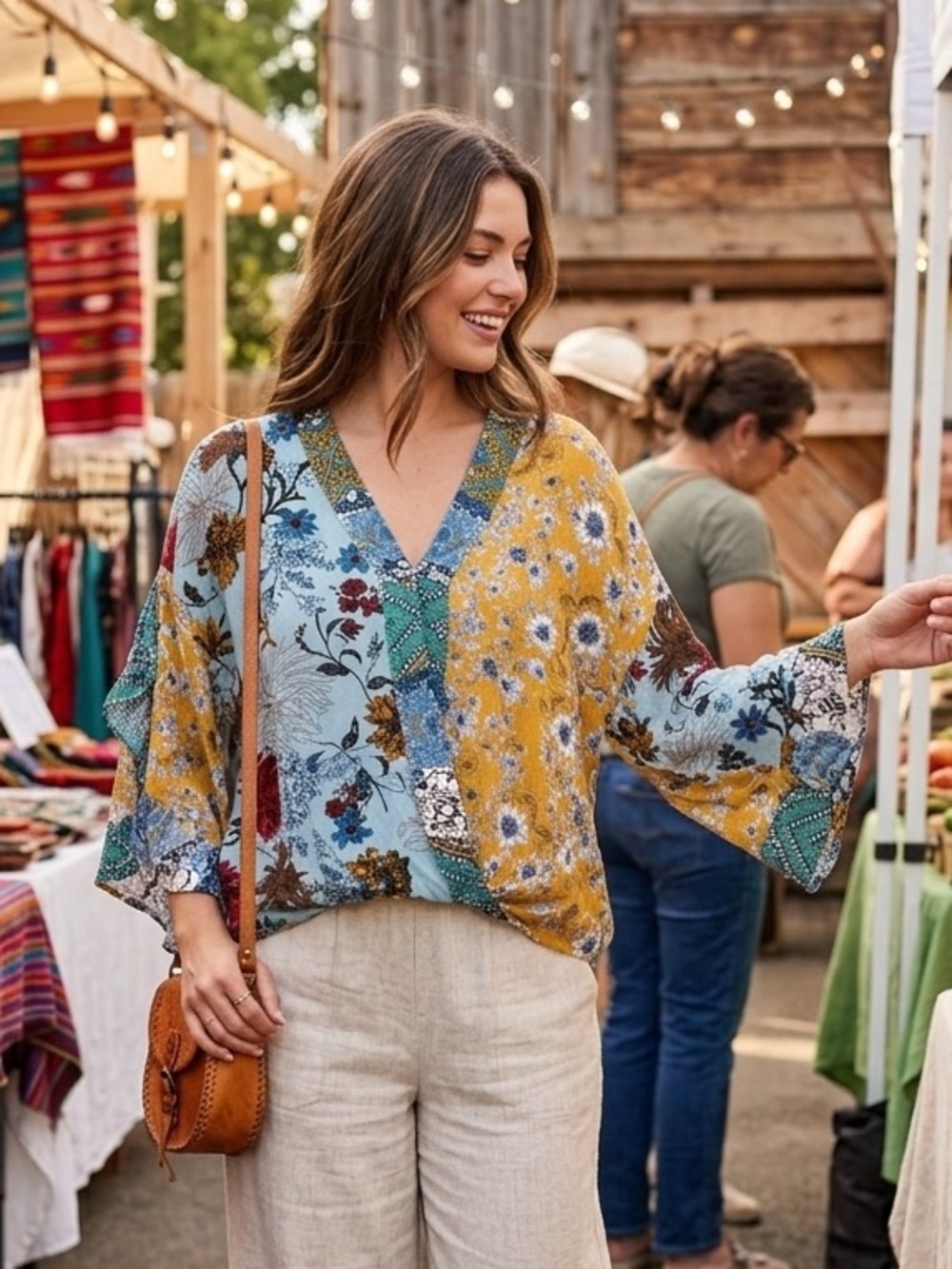 Umgee Multi-Print V-Neck Floral Patchwork Blouse